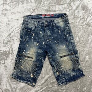 Mens Denim Moto Shorts Size 18 Bleached Paint Splatter Zippers Slim Fit Blue